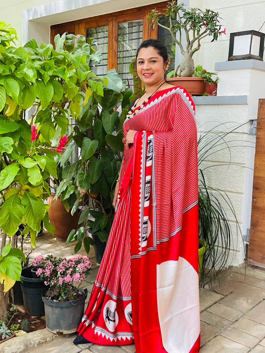 Red Ajrakh Dola Silk Saree