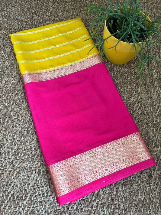 Yellow with pink border Semi Mysore silk crepe saree