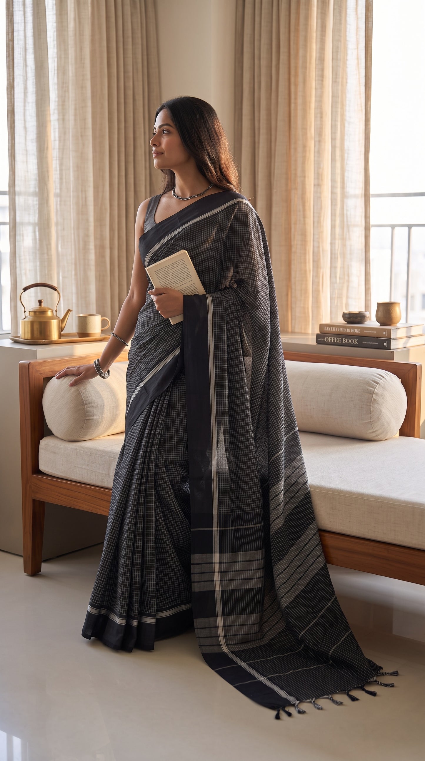 Black Checks Pattedanchu Cotton Saree