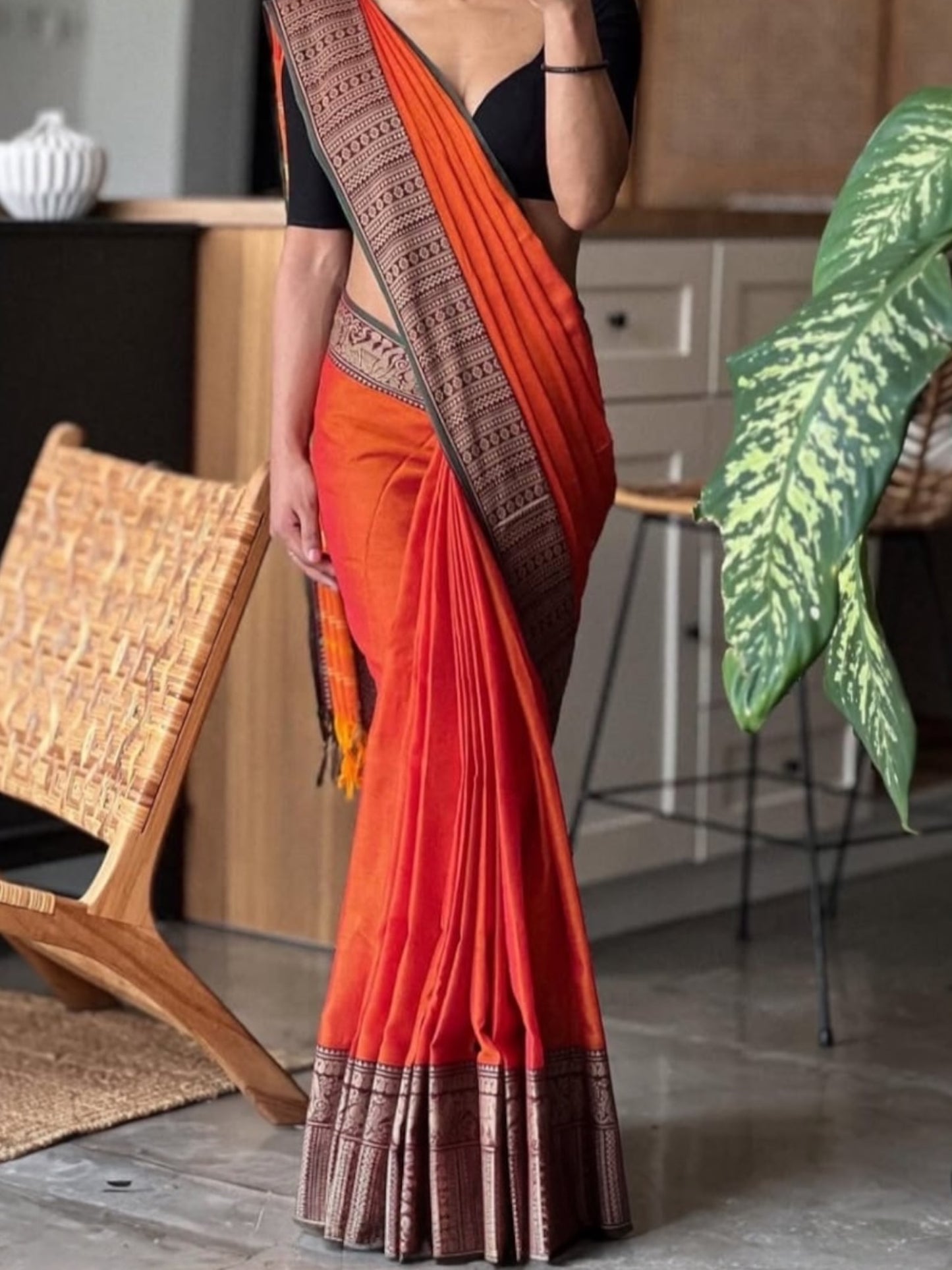 Narayanpet Saree with elephant border(orange)
