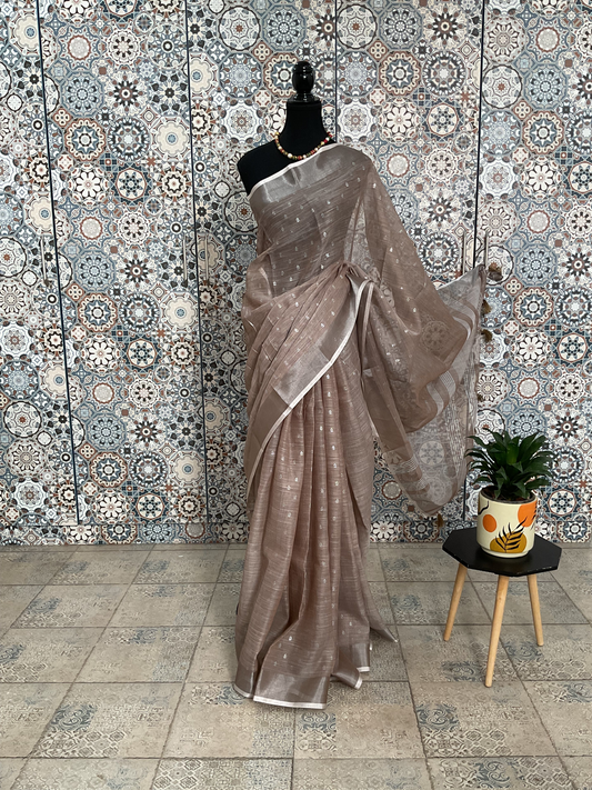 Linen cotton saree with silver motifs(Brown)
