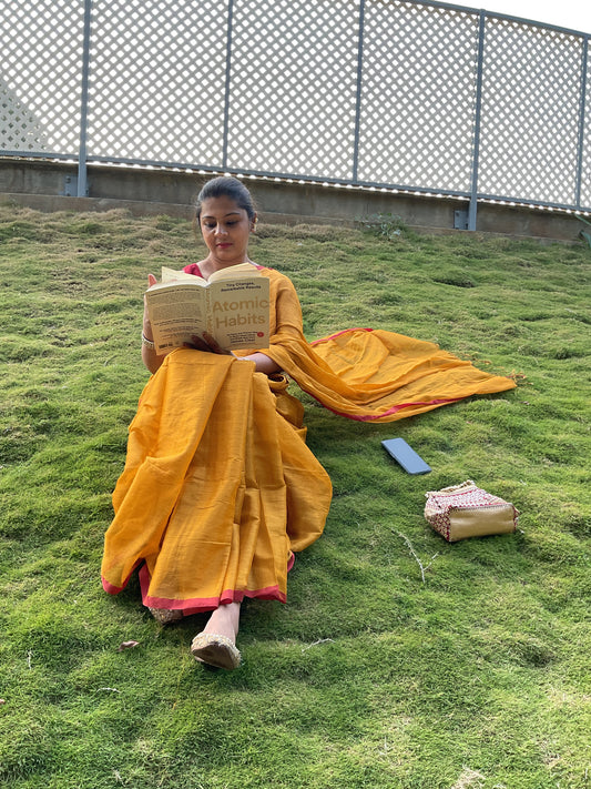 Khadi Tissue saree (mustard with Red border)