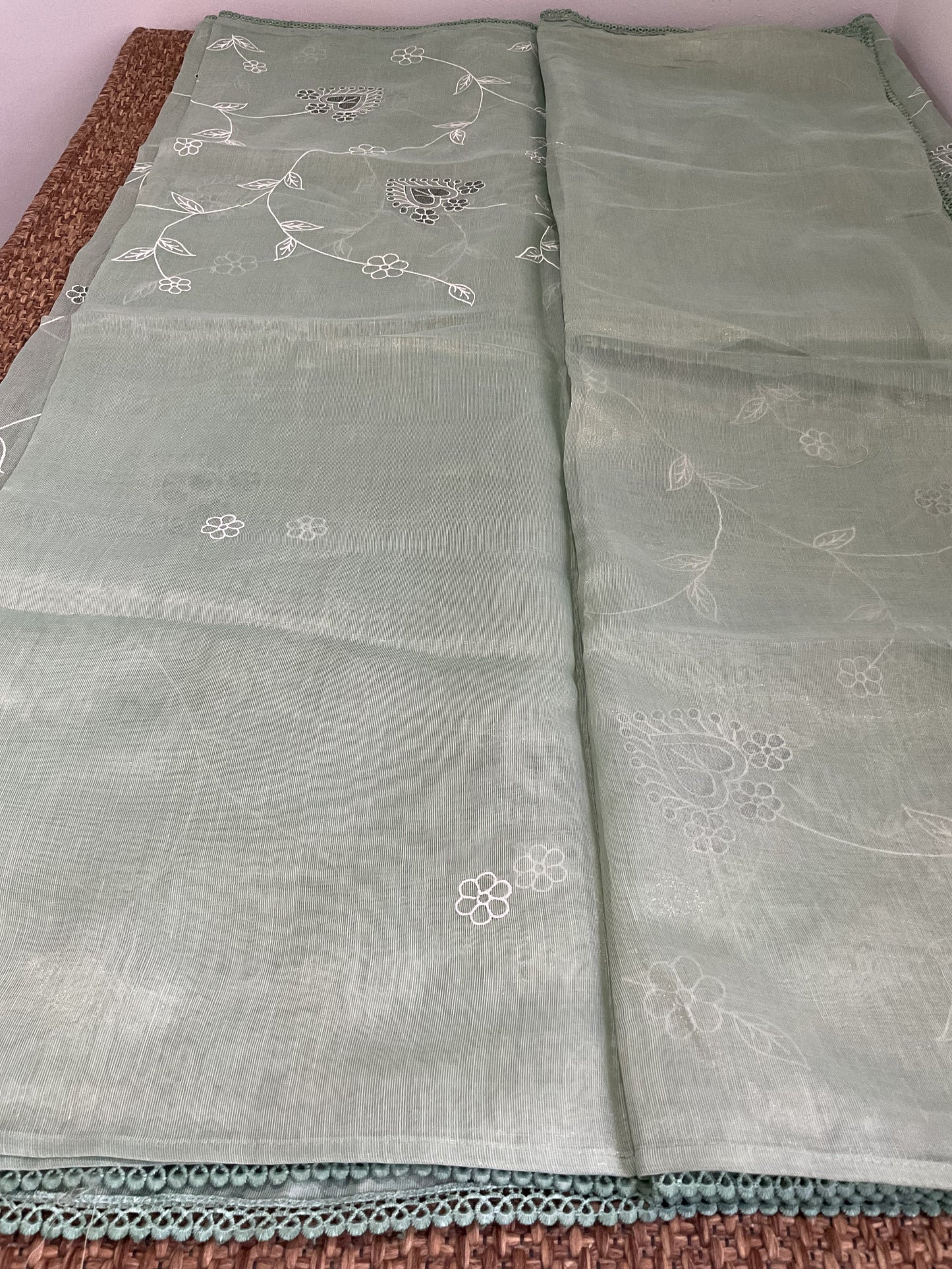 Fancy cotton Tissue saree with embroidery(Mint Green)