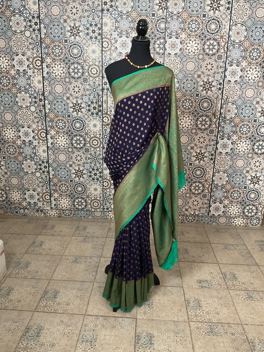 Banarasi crepe silk Saree (Navy blue with Mint Green Zari Border)
