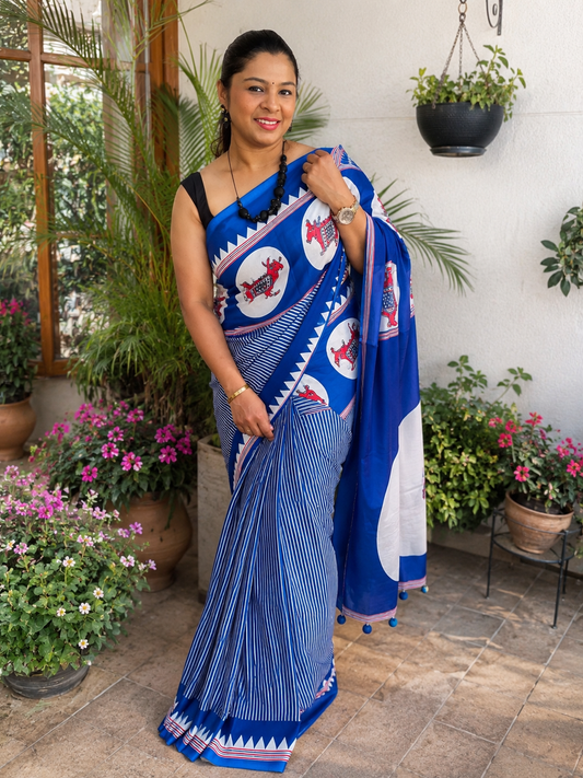 Blue Ajrakh Dola Silk Saree