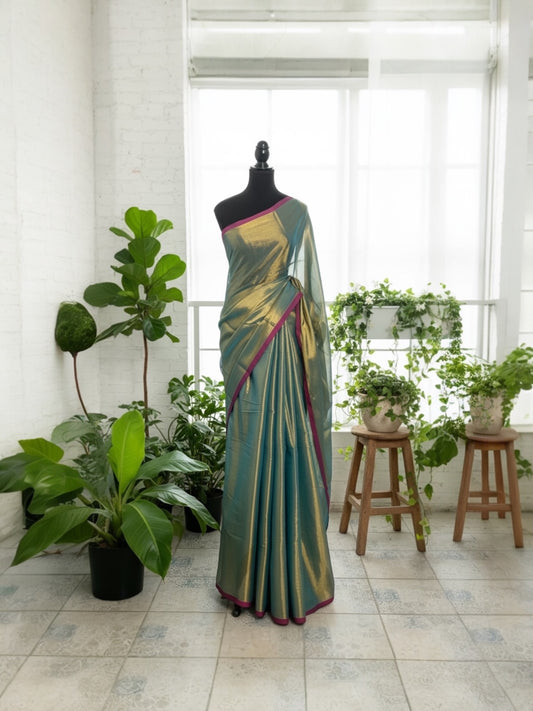 Khadi Tissue saree(Teal green with Rani pink border)
