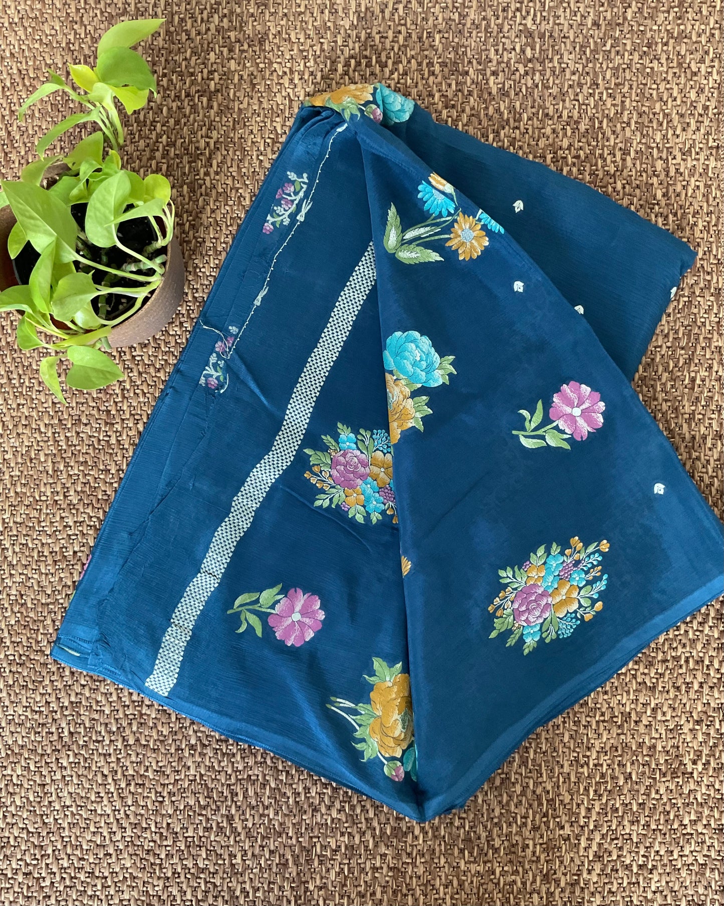 Chinnon crepe blue saree