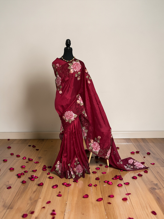 Pure Raw silk with Korean machine embroidery(Deep wine Red saree)