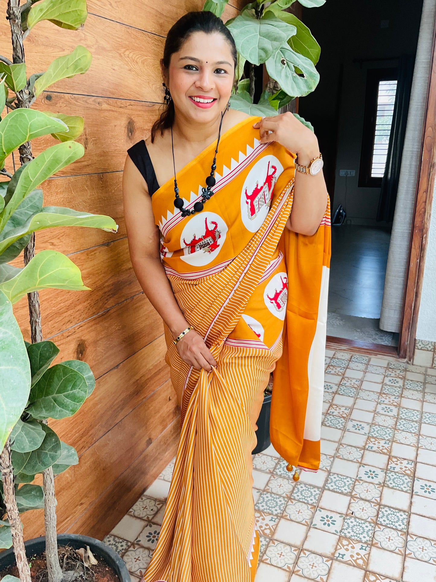Mustard Yellow Ajrakh Dola Silk Saree