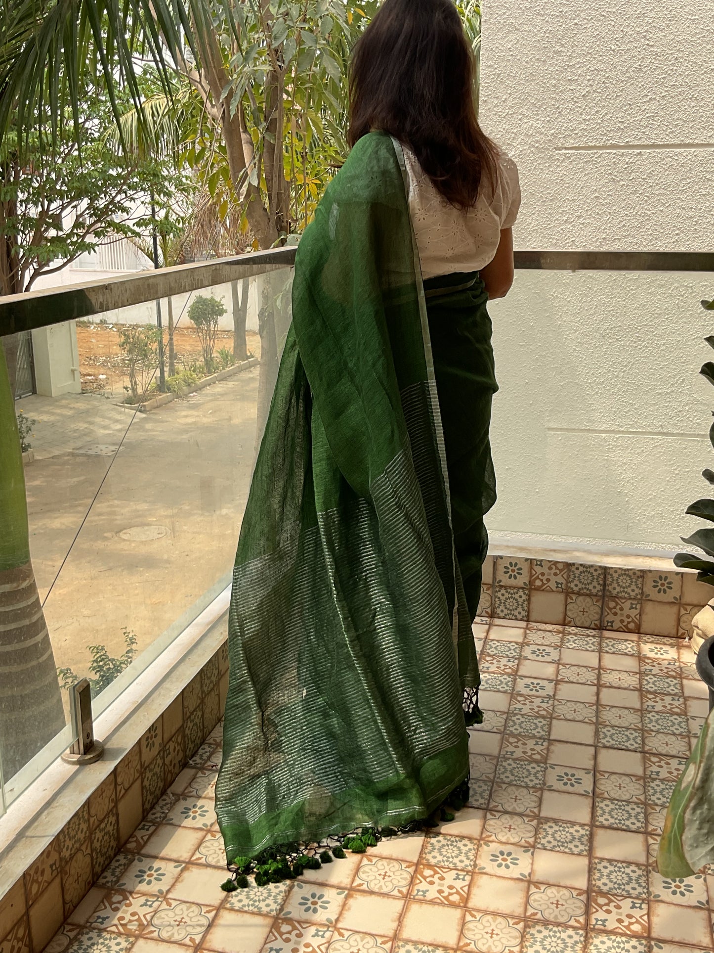 Handloom Linen saree(Green)