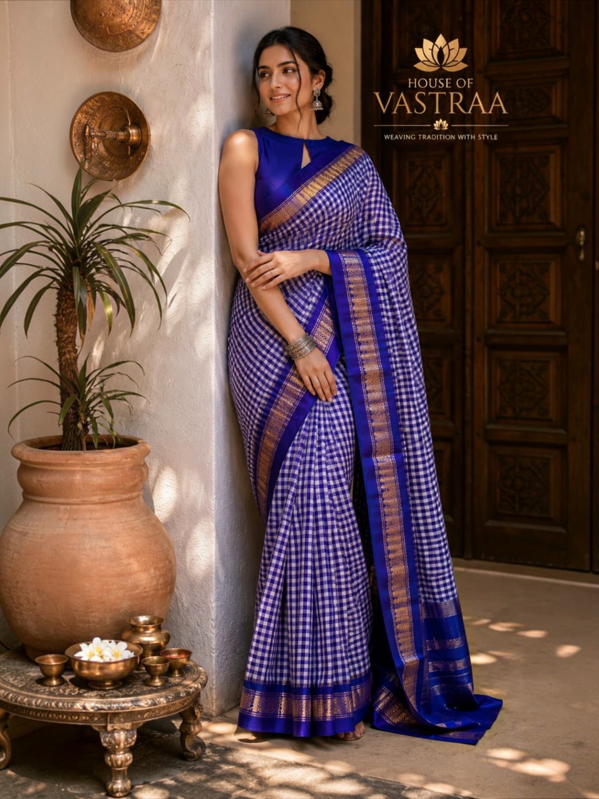Tum Tum Checks Traditional Ilkal Saree – Blue & White with Silver Pallu