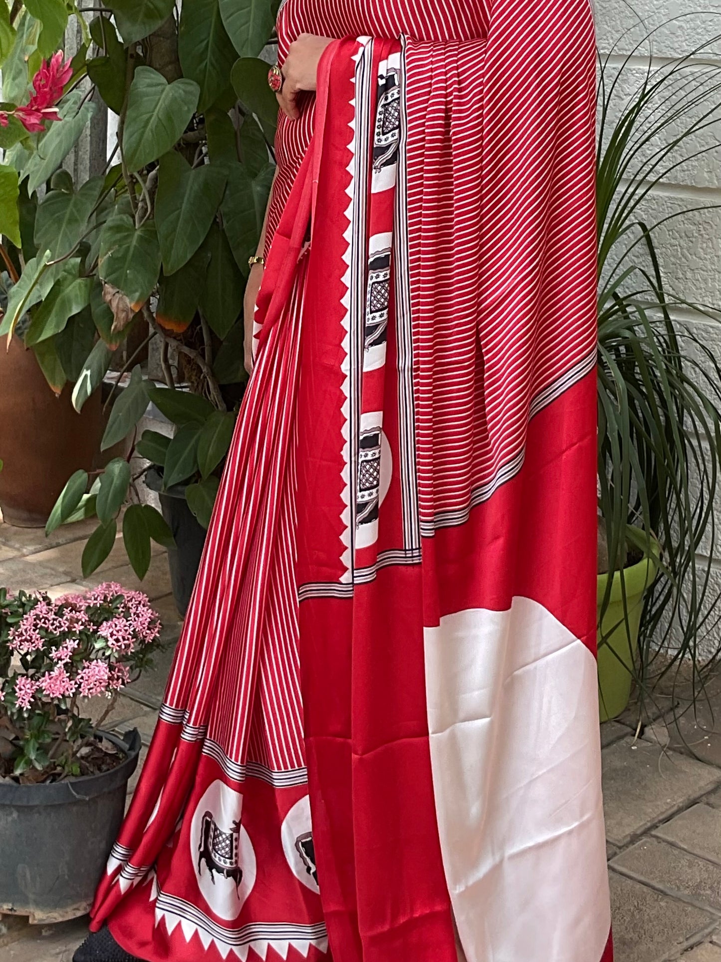 Red Ajrakh Dola Silk Saree
