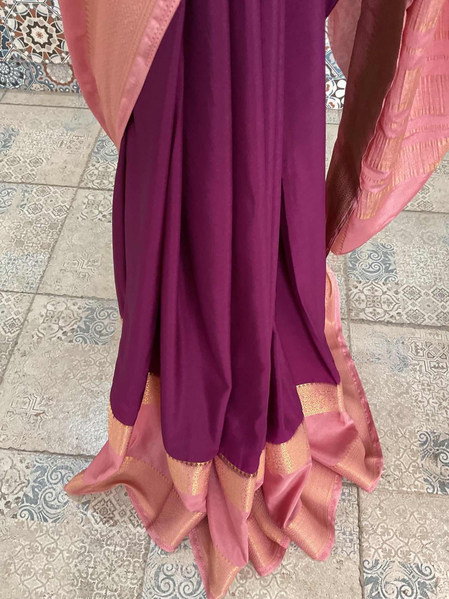 Semi-Mysore silk crepe saree(purple with pink)