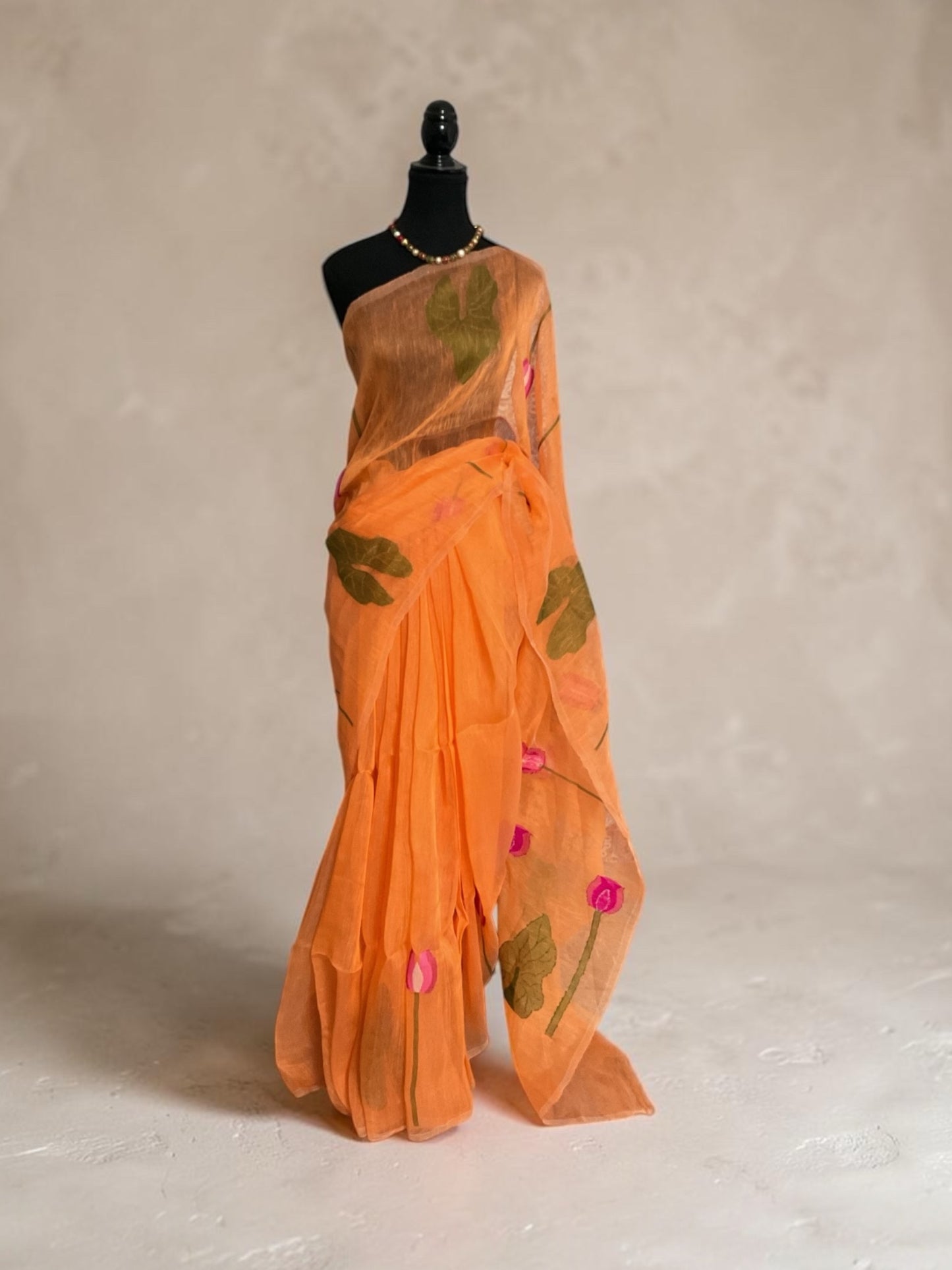 Pure Handoven muslin jamdani linen silk  saree(orange)