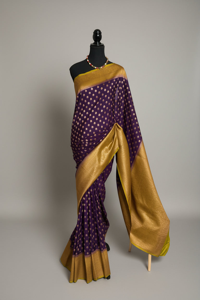 Purple saree with gold border on a patterned floor