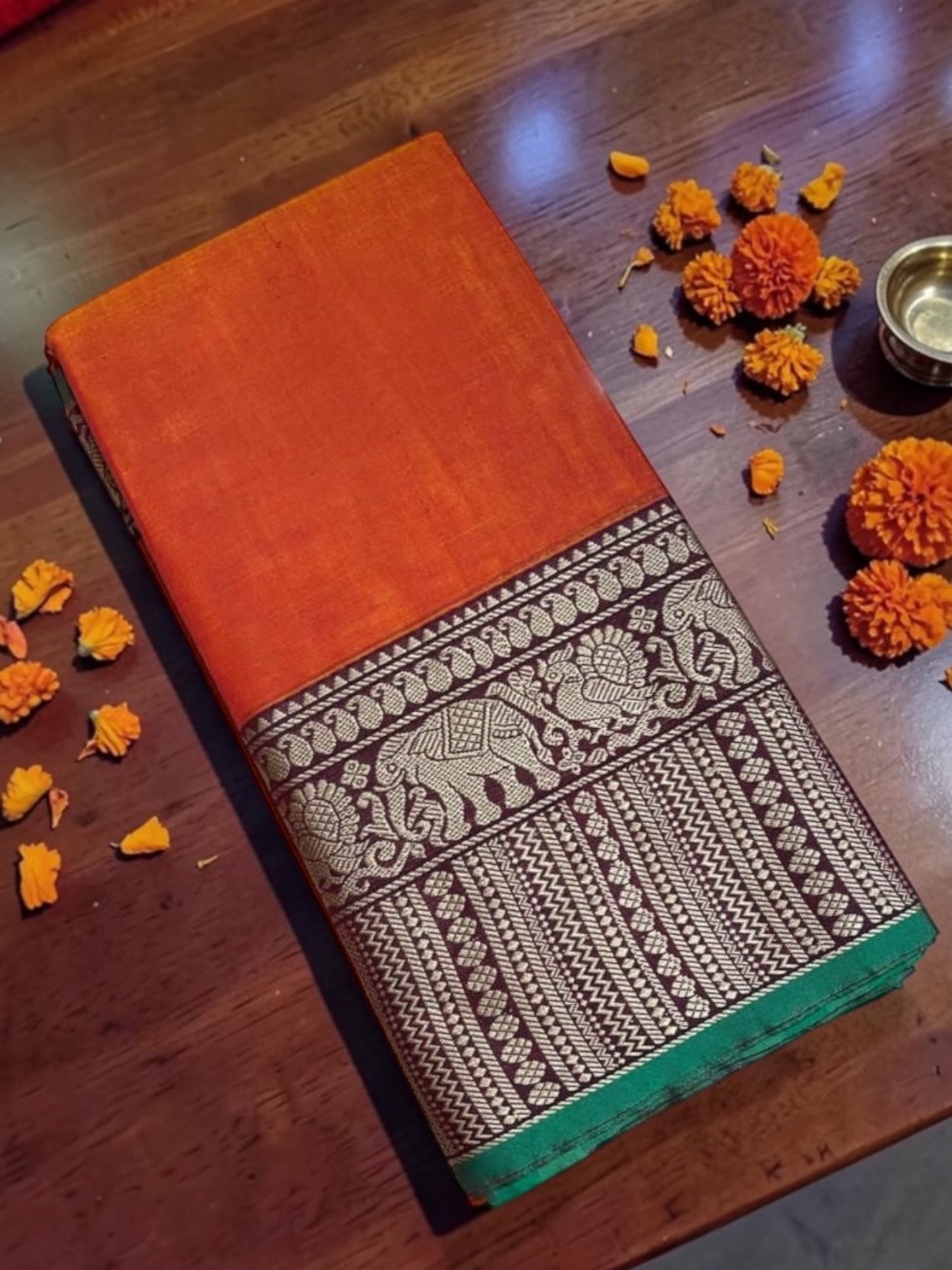 Narayanpet Saree with elephant border(orange)