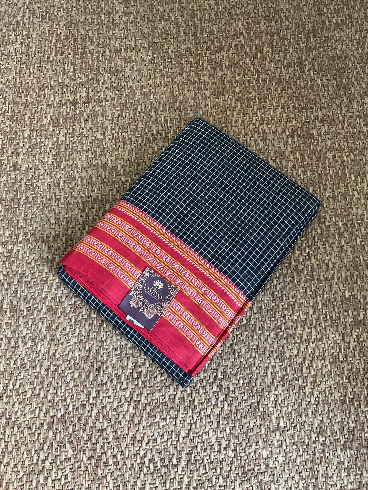 Pure Handloom pattedanchu Cotton Saree (Black checks with Traditional Red Border)