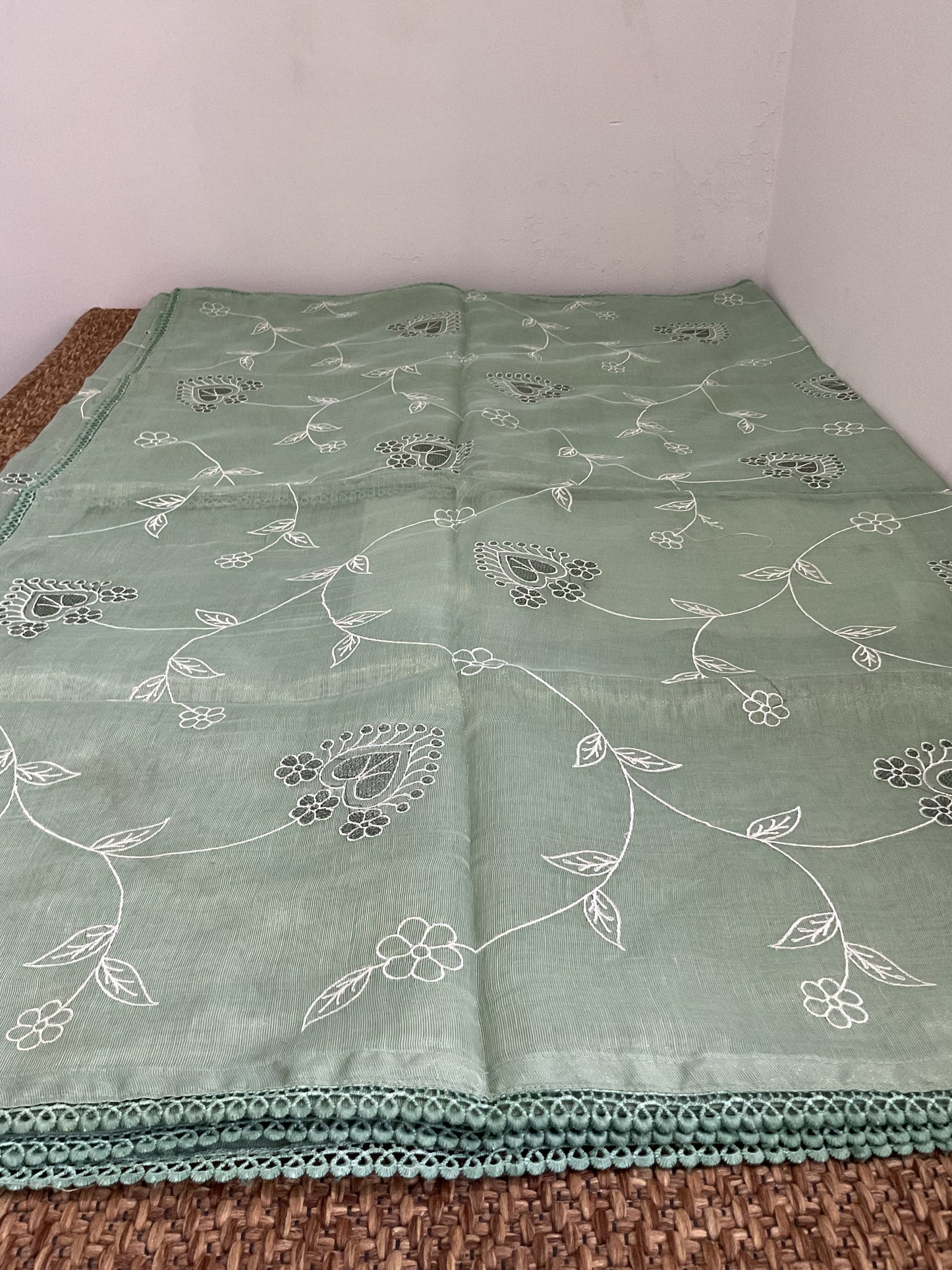 Fancy cotton Tissue saree with embroidery(Mint Green)
