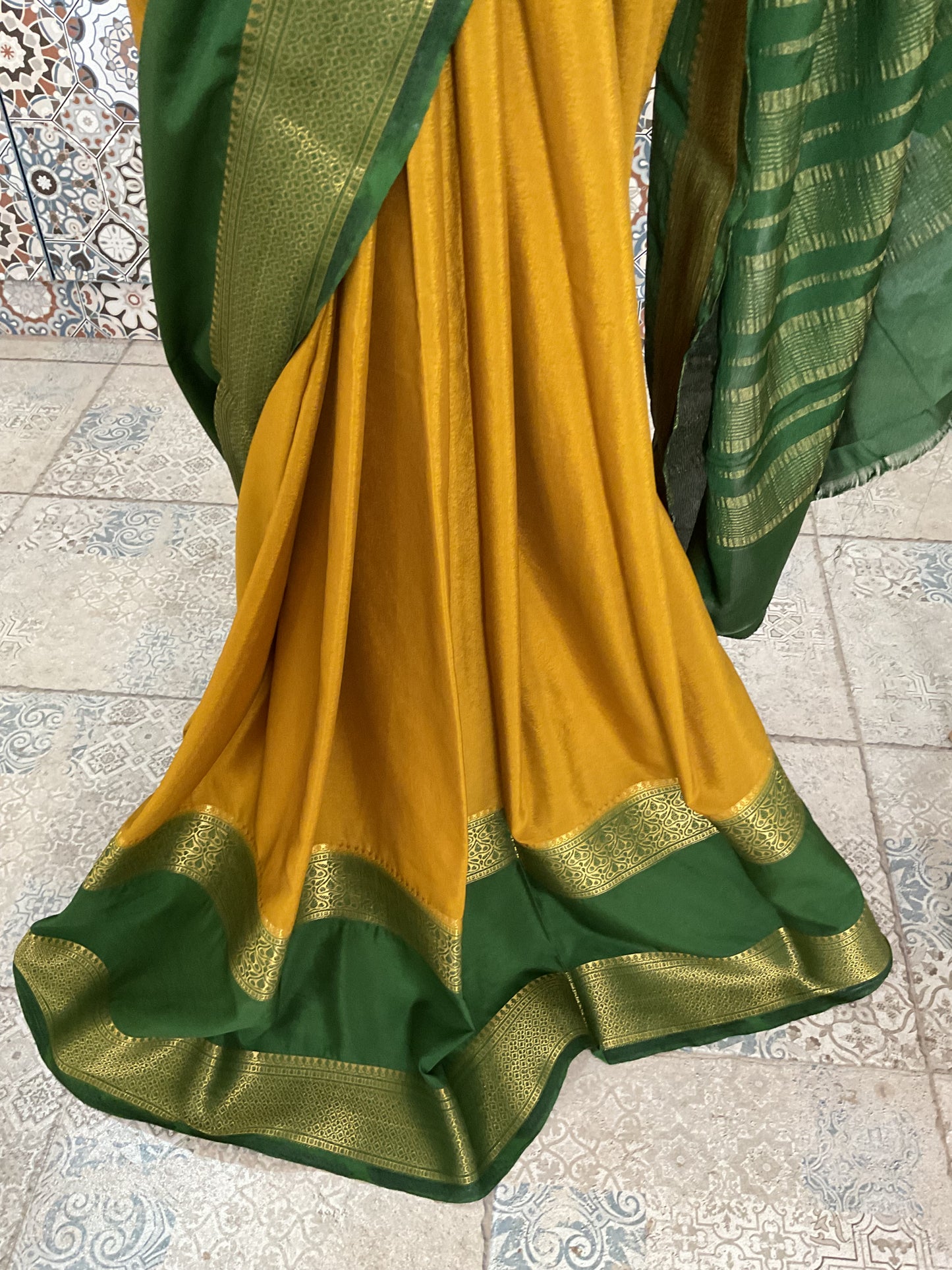 Semi Mysore silk crepe saree(yellow with green)
