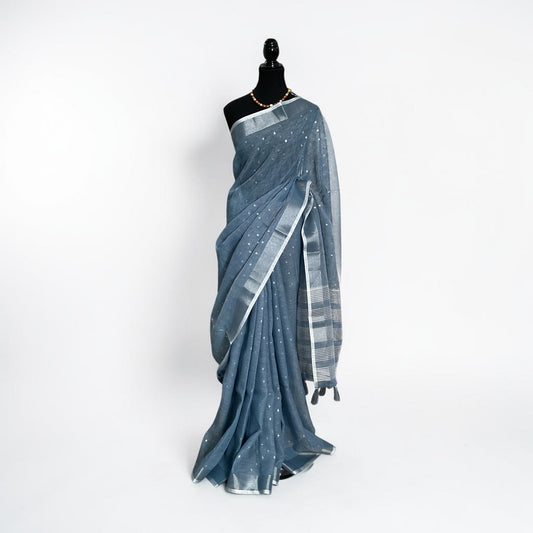 Linen cotton with silver motifs(Light blue)