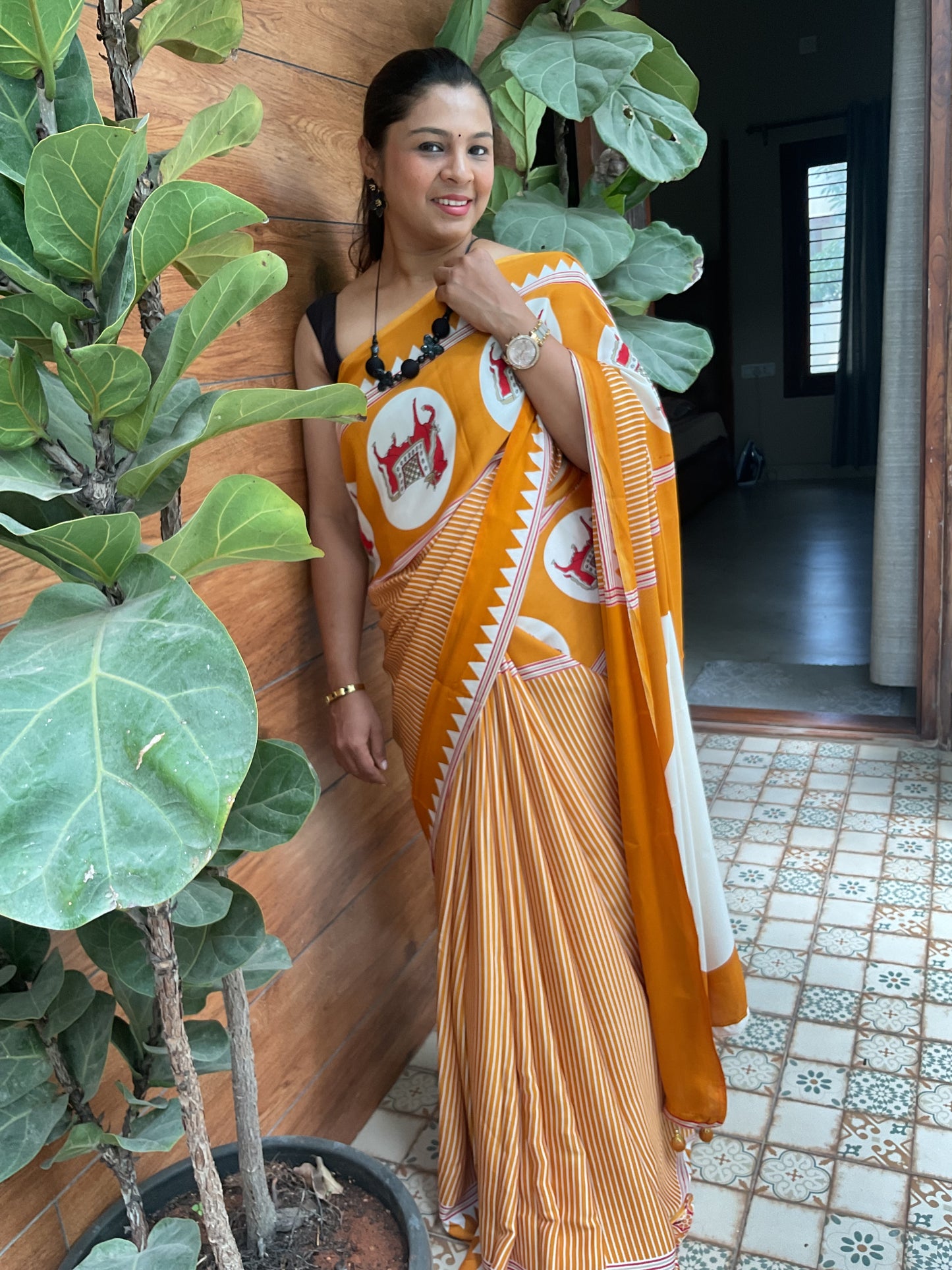 Mustard Yellow Ajrakh Dola Silk Saree