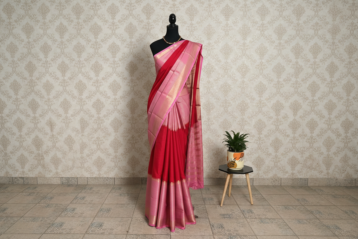 Semi Mysore silk saree(Red&Pink)