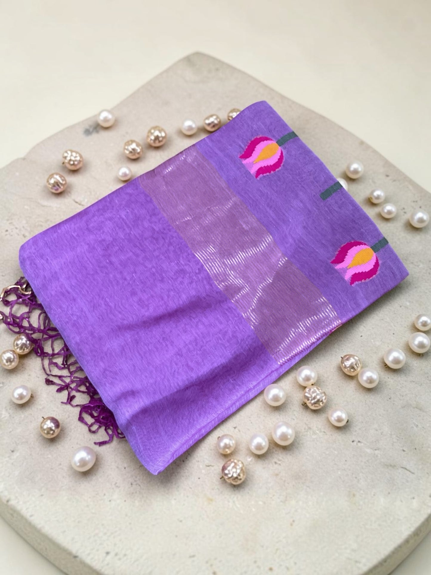 Pure jamdani muslin linen silk saree (Purple)