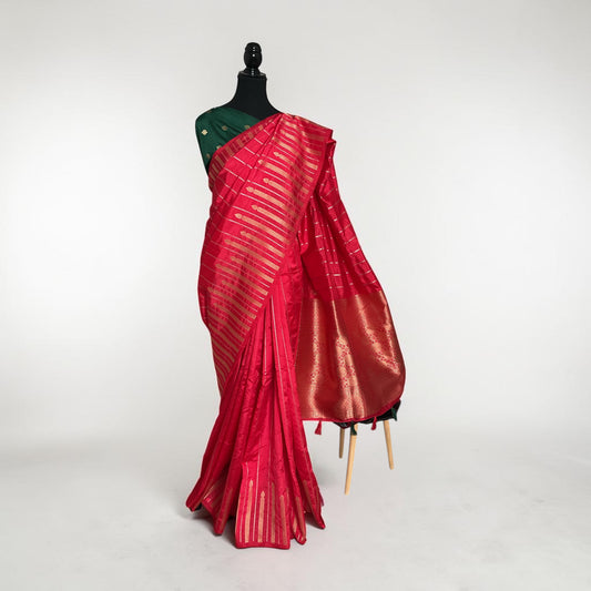 Tussar temple border saree-(Red)