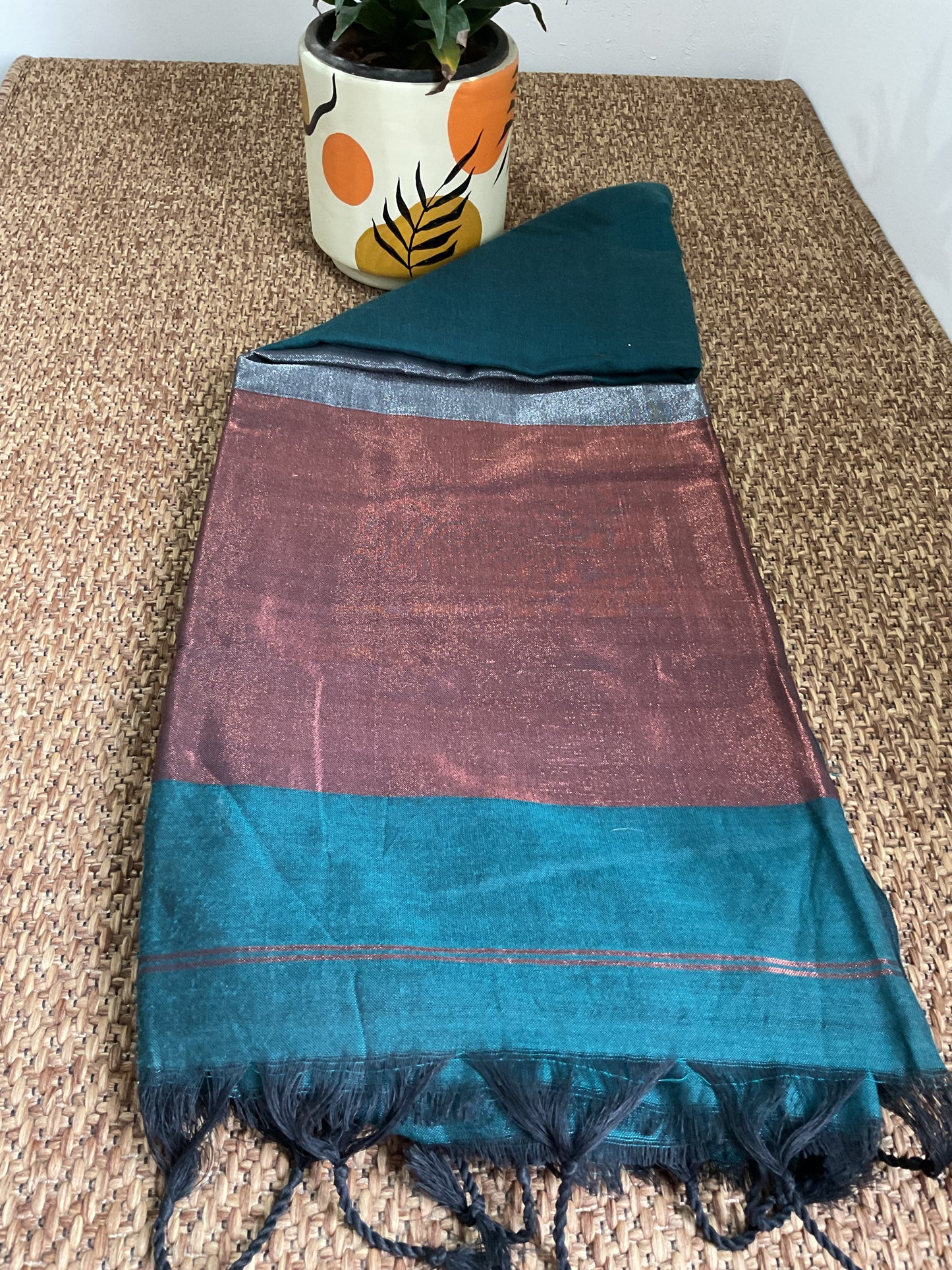 Handloom cotton saree(Teal green with contrast pallu)