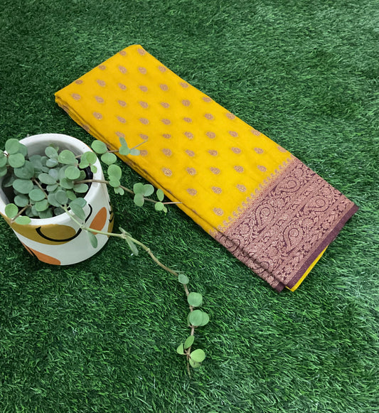 Yellow with brown border Banarasi crepe georgette saree