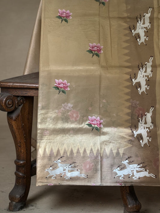 Designer Pure Kora Tissue saree with deer Embroidery border(Golden)