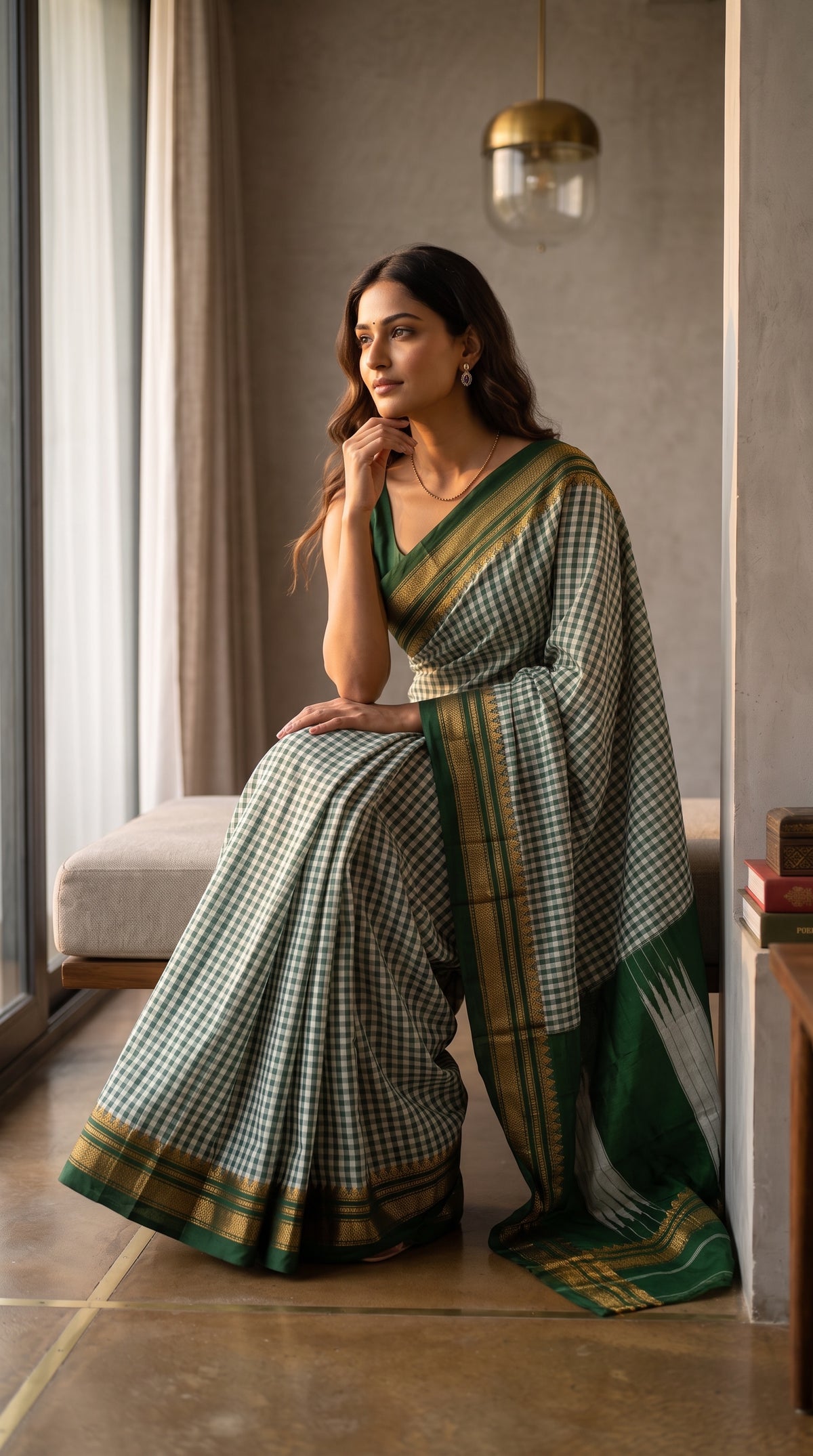 Tum Tum Checks Traditional Ilkal Saree – Green & White with Silver Pallu