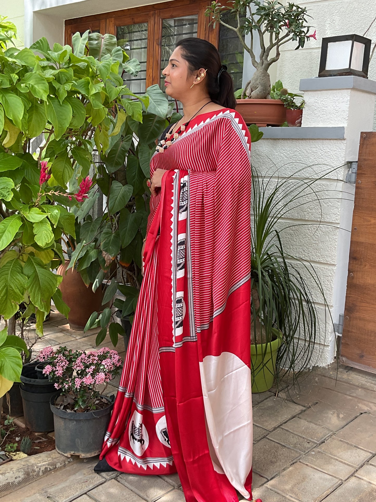 Red Ajrakh Dola Silk Saree