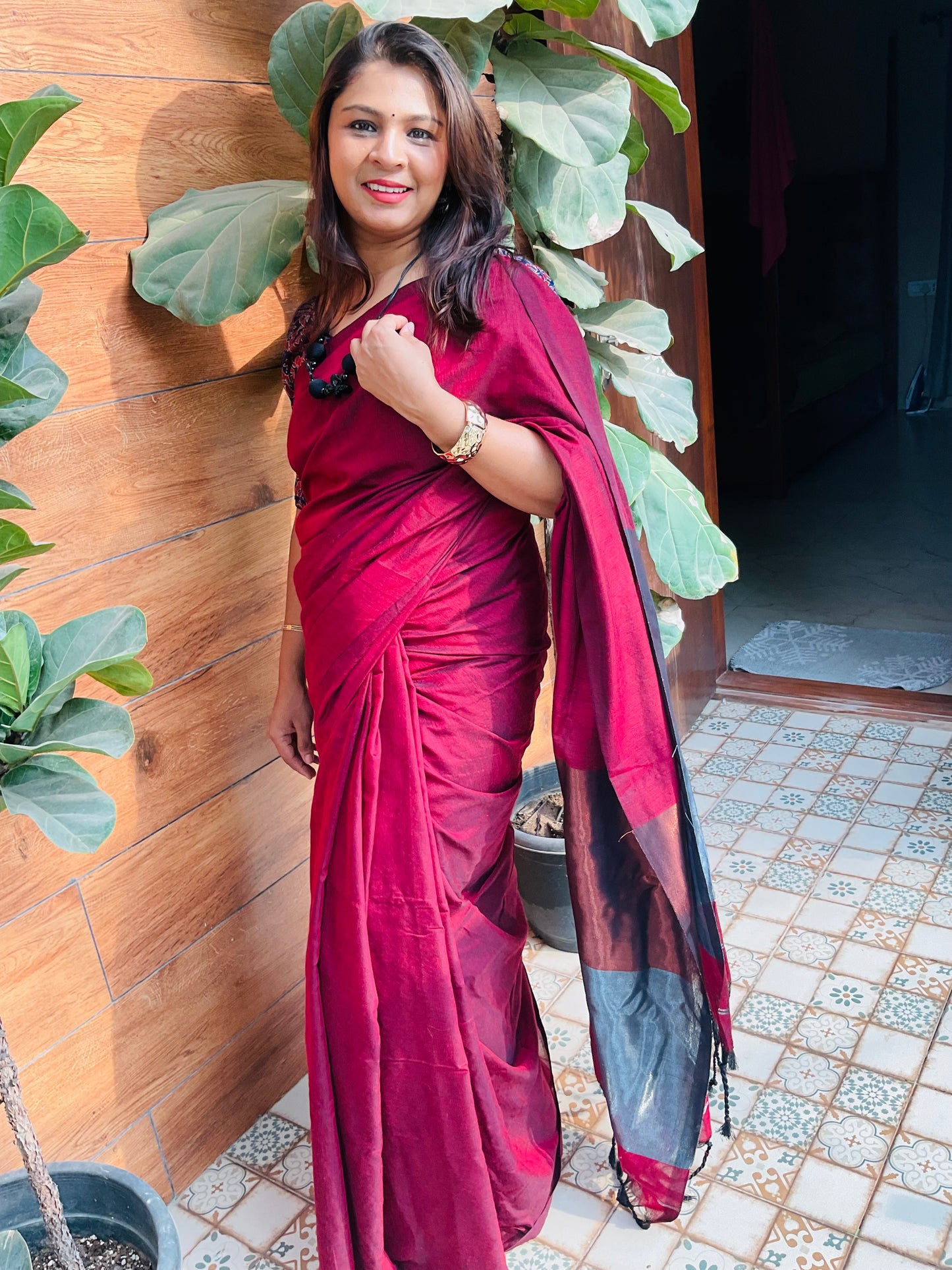 Handloom cotton saree(Deep maroon with contrast pallu)