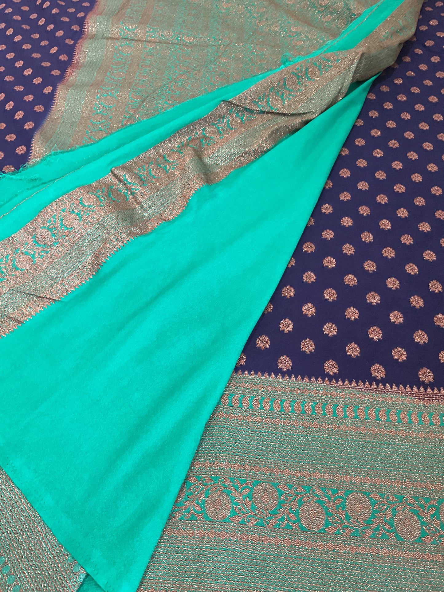 Banarasi crepe silk Saree (Navy blue with Mint Green Zari Border)