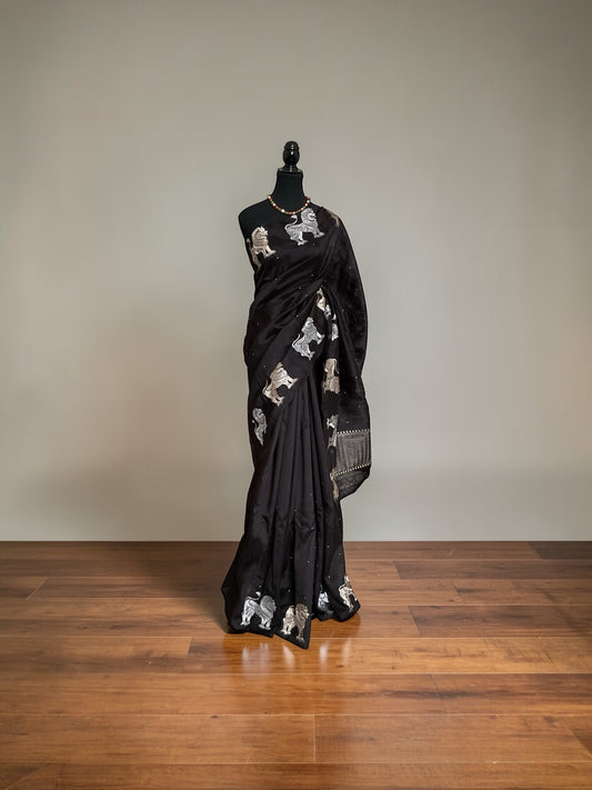 Tussar Lion motifs saree-(Black)
