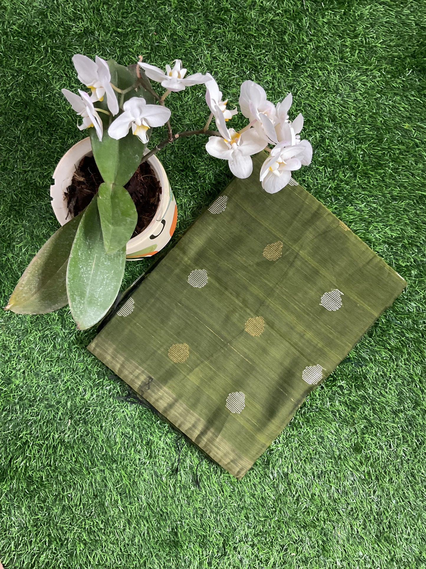 Green cotton sequins saree
