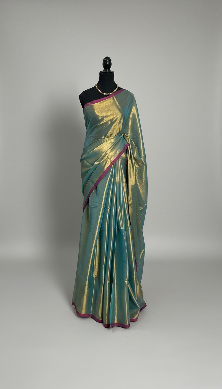 Khadi Tissue saree(Teal green with Rani pink border)