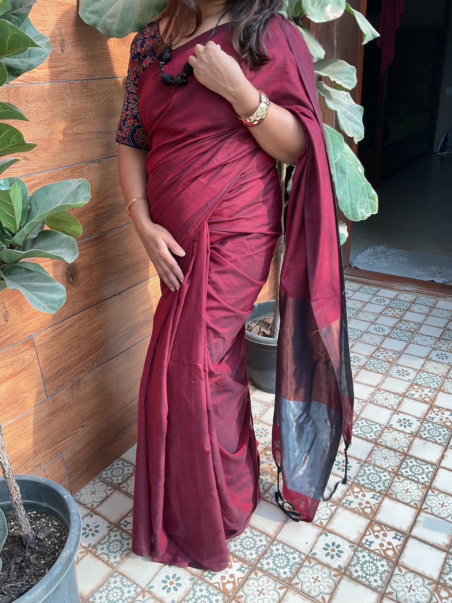 Handloom cotton saree(Deep maroon with contrast pallu)