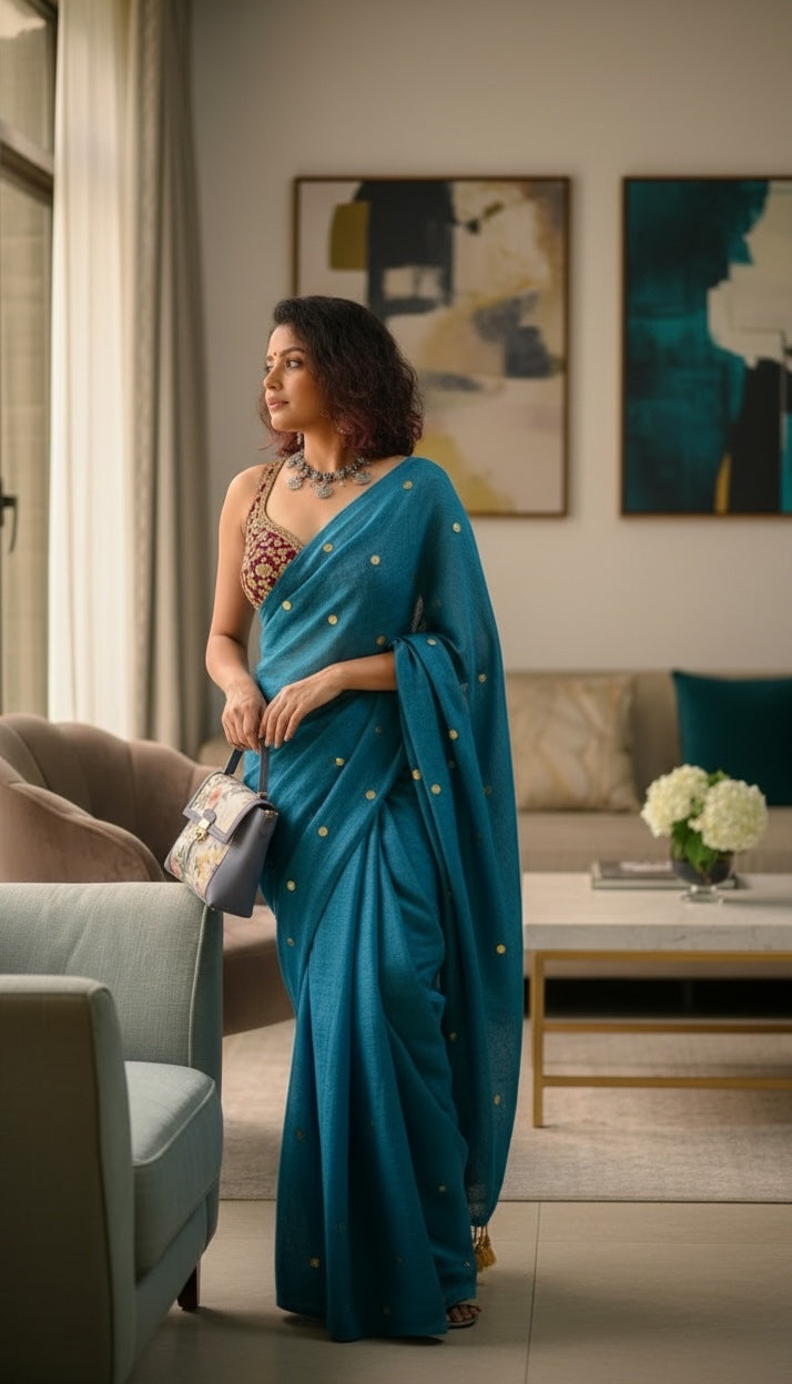 Gini Mul cotton saree(Teal blue)