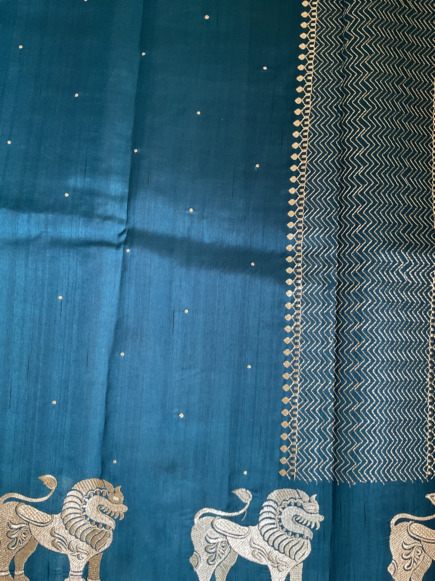Tussar Blue saree(Lion motifs)