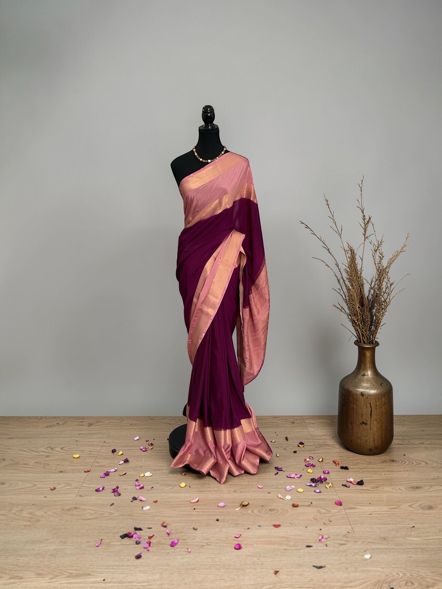 Semi-Mysore silk crepe saree 2D-(Purple with pink)