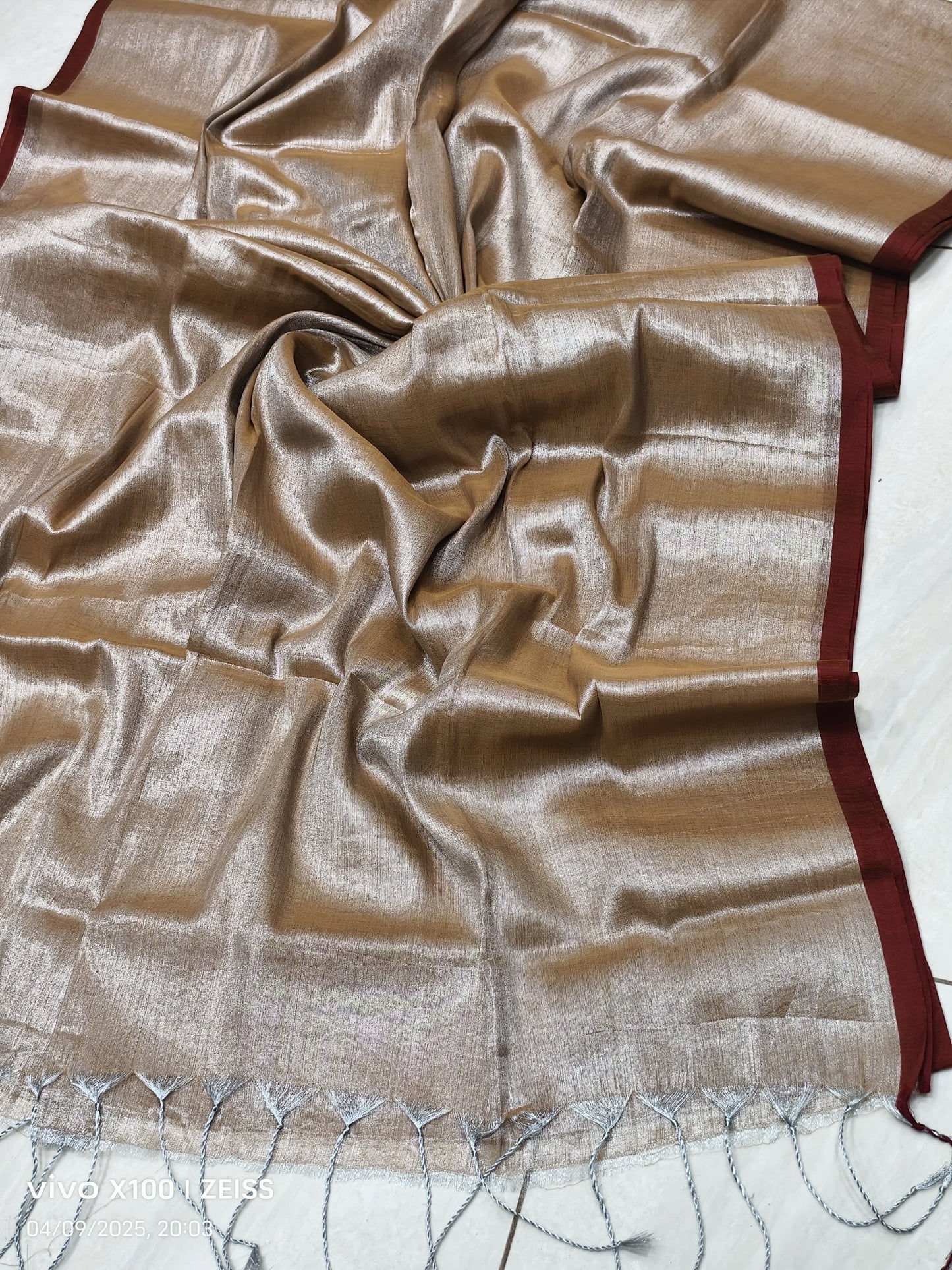 Khadi Tissue saree(champagne with coffee brown brown border)