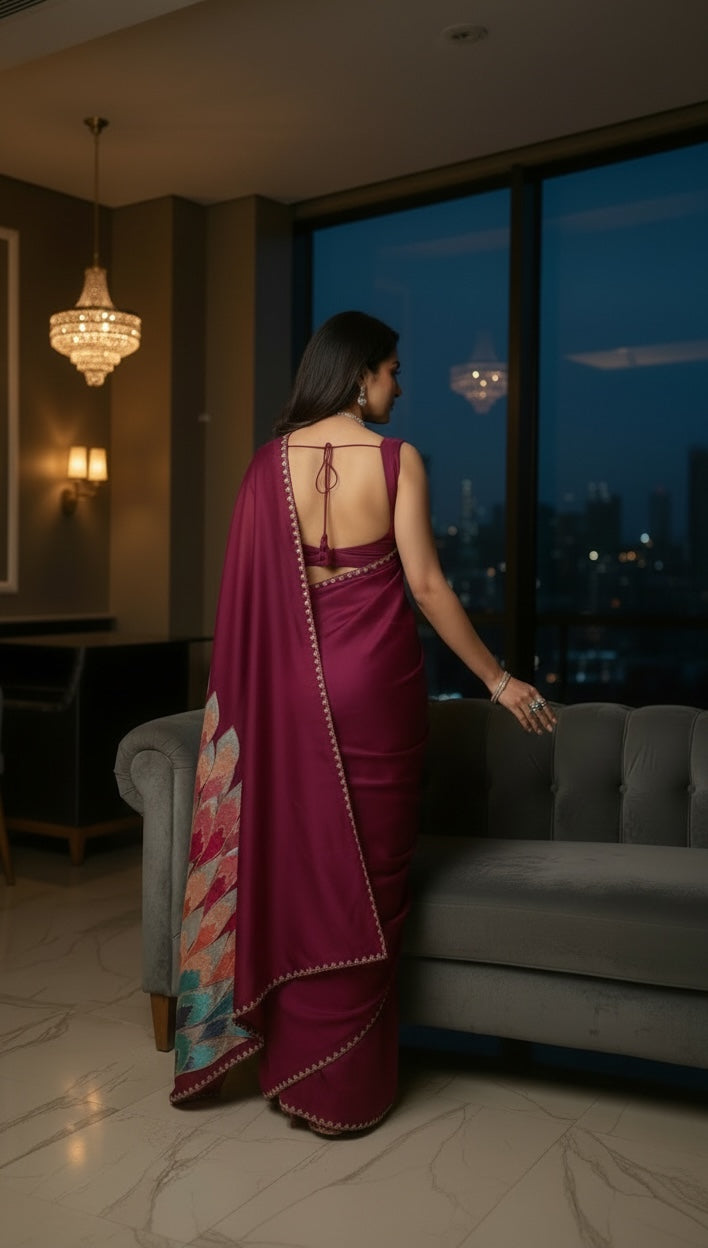 Designer Embroidered Organza Saree – (Wine Magenta)