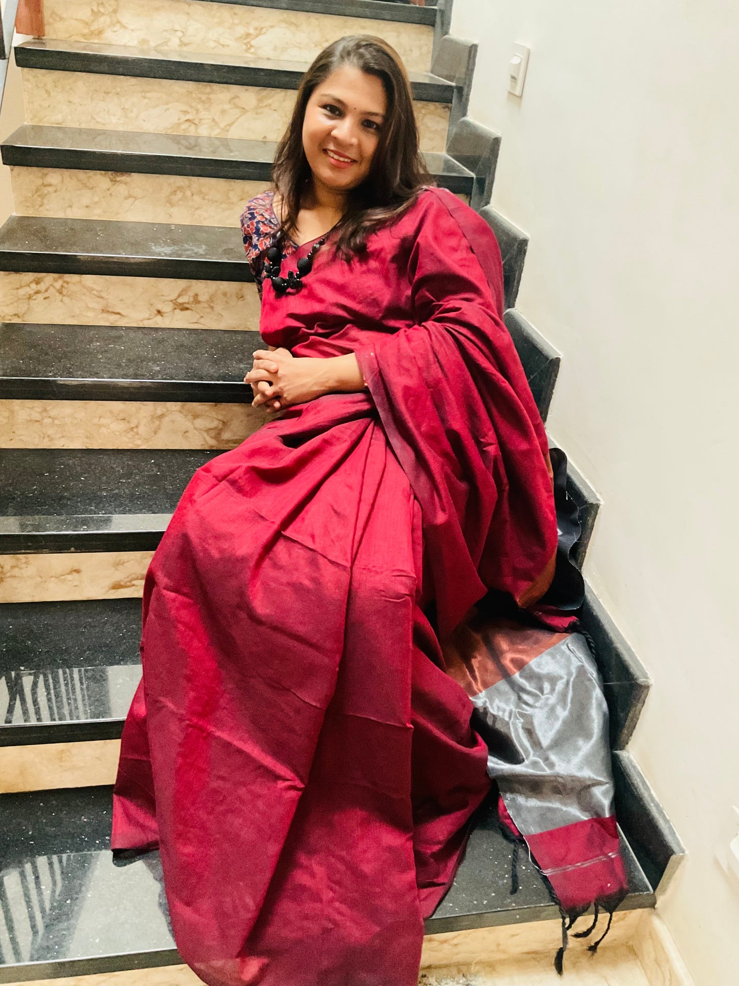 Handloom cotton saree(Deep maroon with contrast pallu)