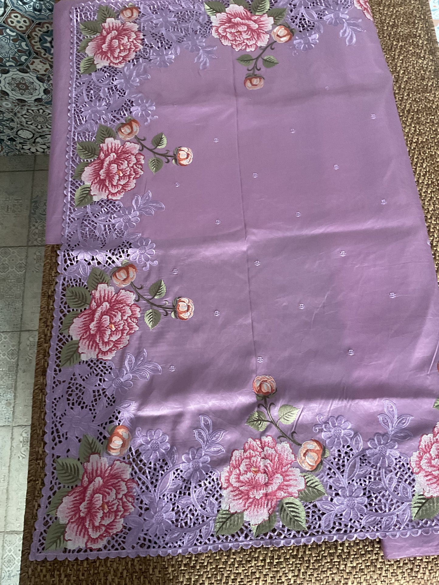 Pure Raw silk with Korean machine embroidery(Lavender)