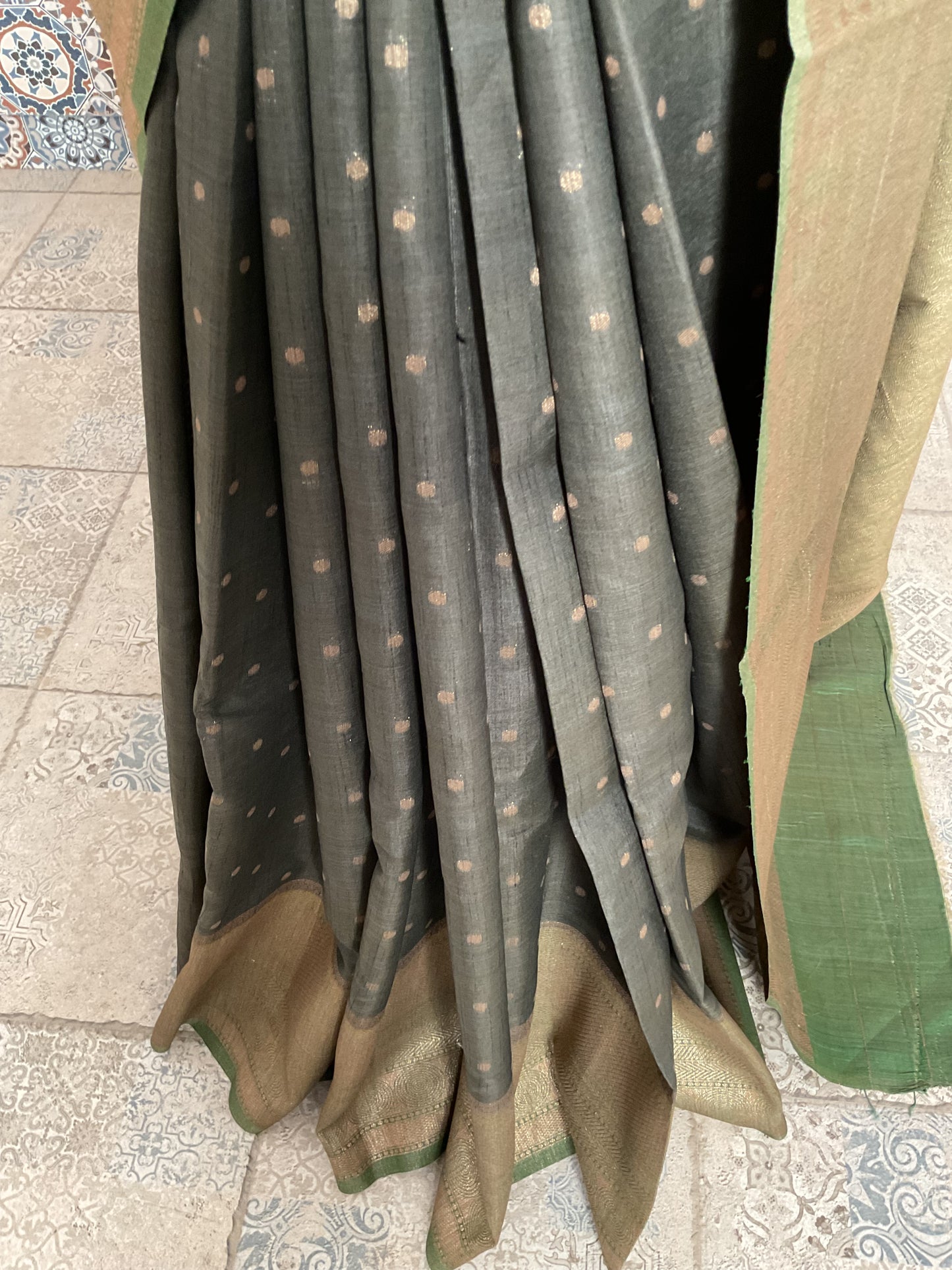 Tussar saree with green border( bottle green)
