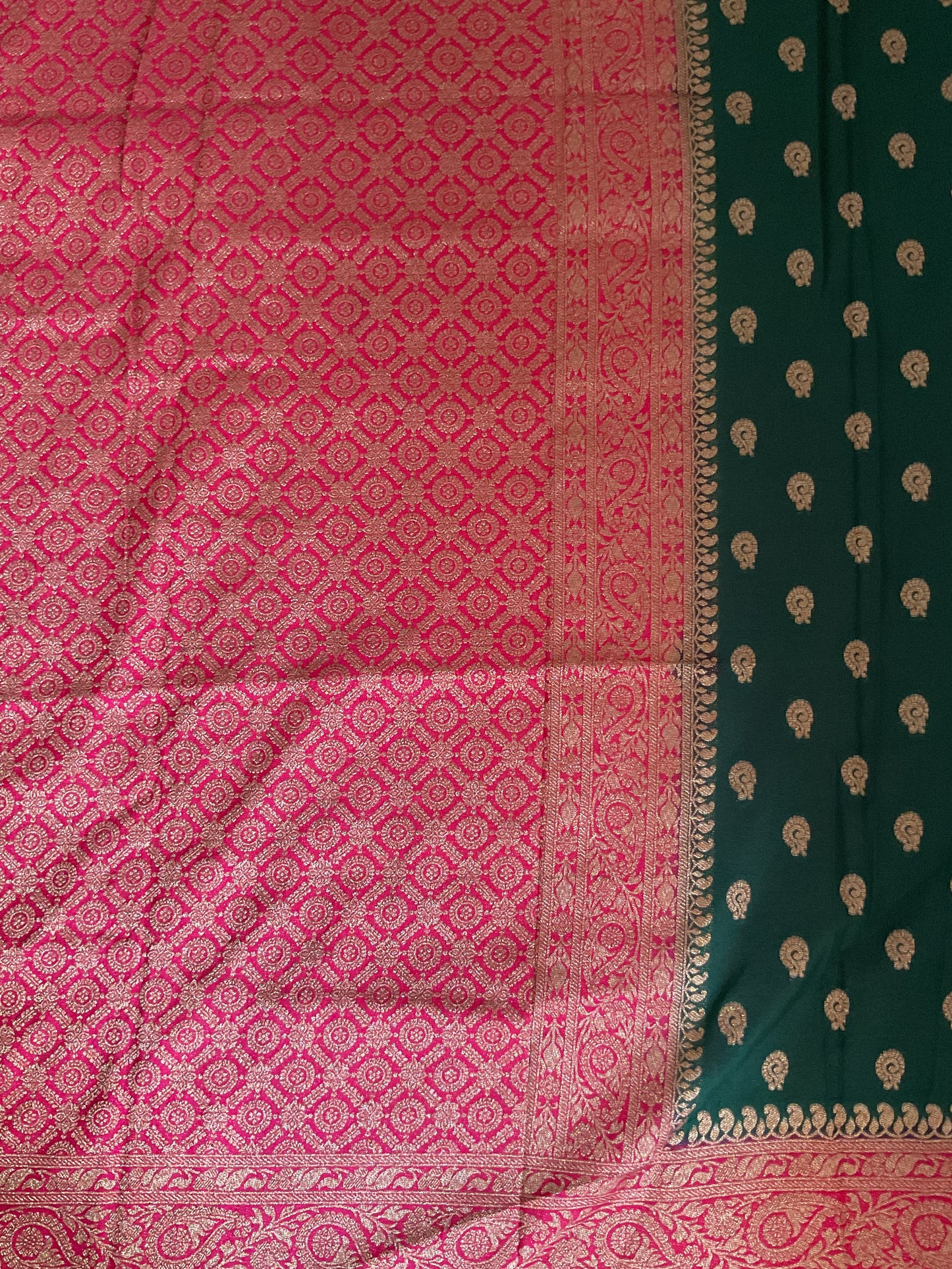 Banarasi crepe georgette Saree(Green with pink border)