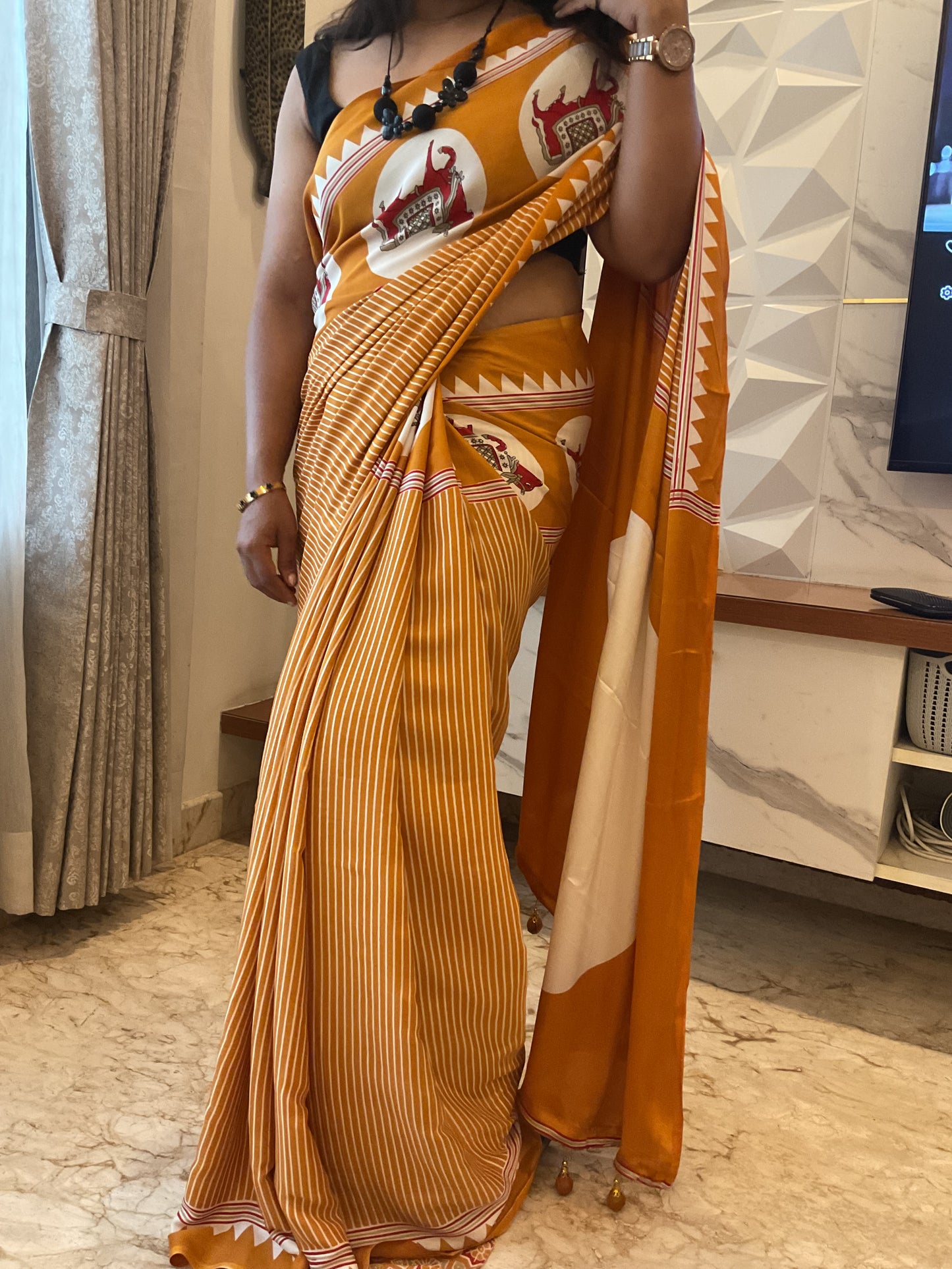 Mustard Yellow Ajrakh Dola Silk Saree