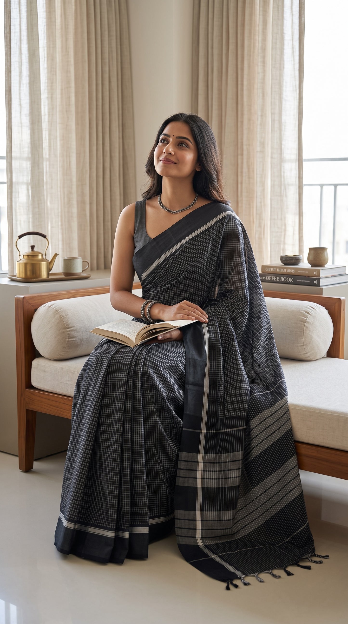 Black Checks Pattedanchu Cotton Saree